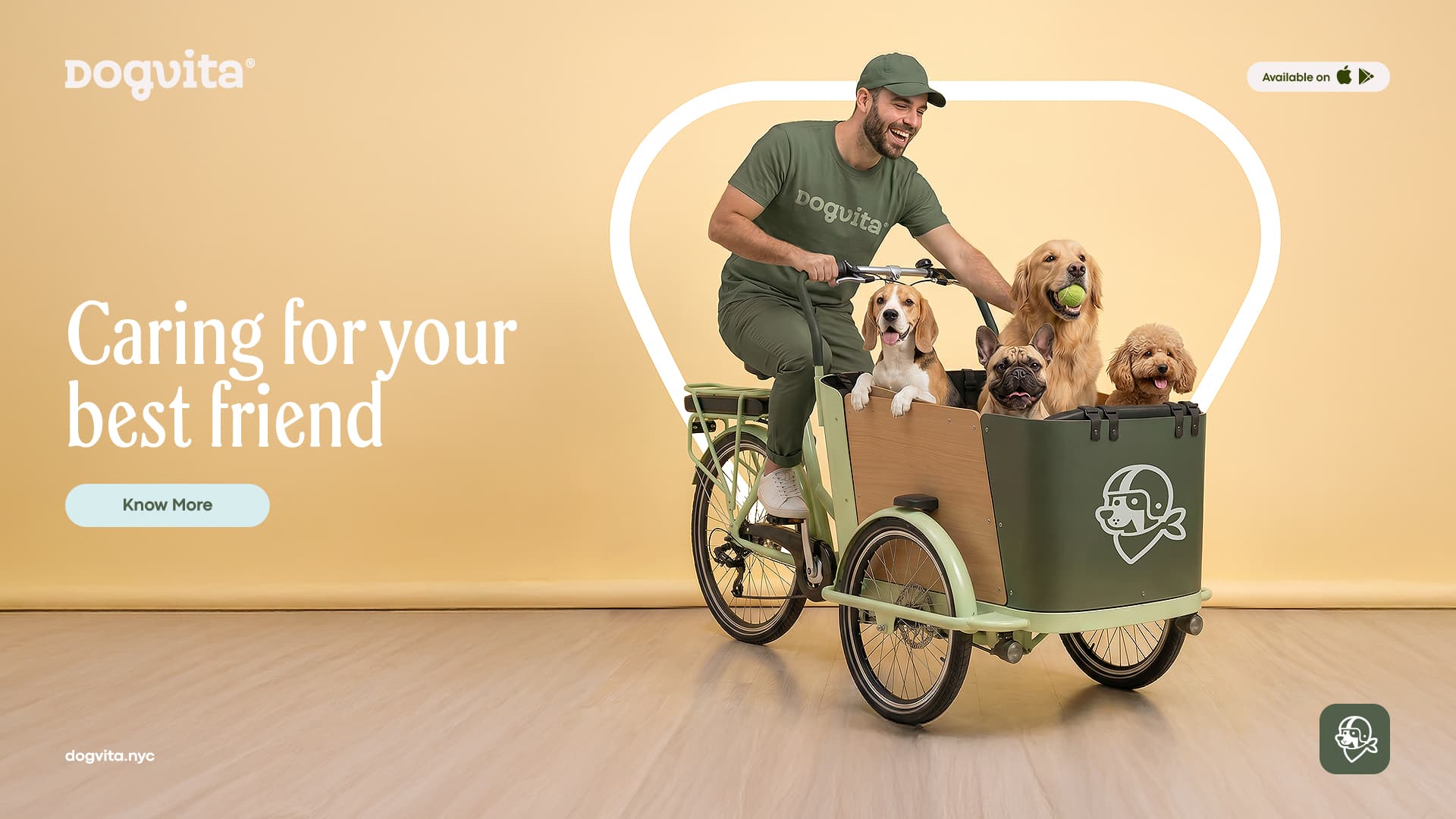 DogVita walker riding a cargo bike with four happy dogs against a soft butter-cream backdrop