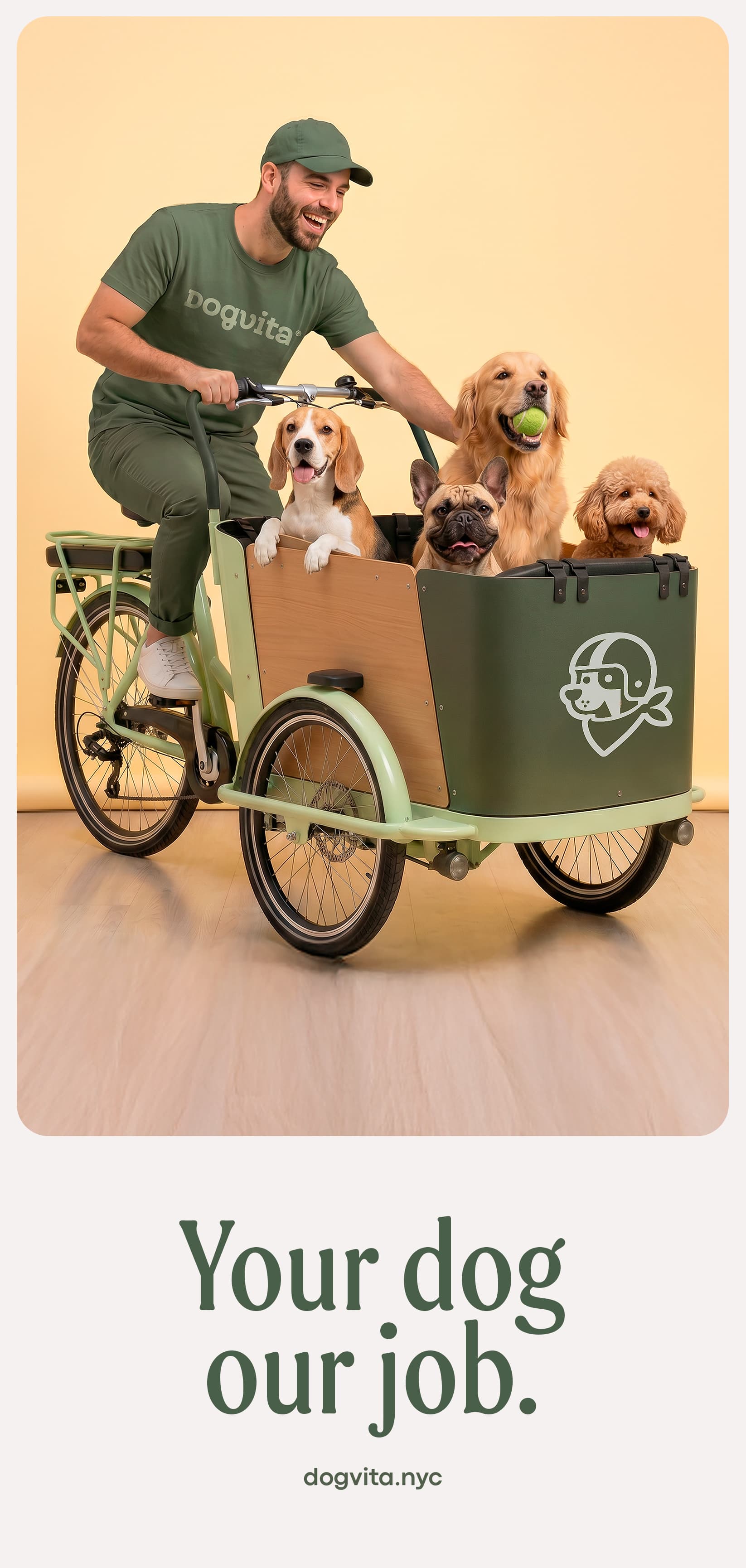 DogVita walker riding a cargo bike with four happy dogs against a soft butter-cream backdrop