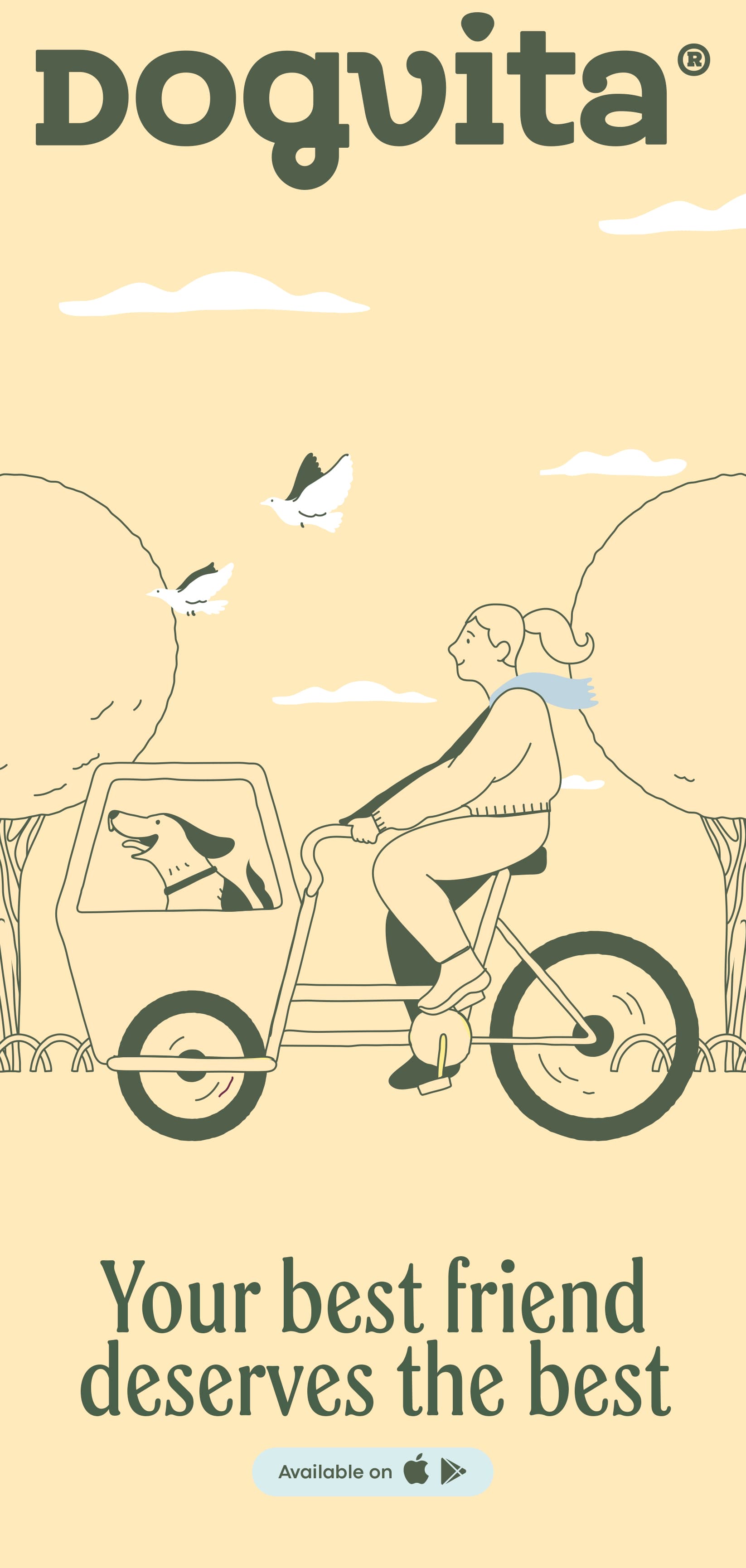 A pug sits in a DogVita cargo bike beside the slogan Your best friend deserves the best