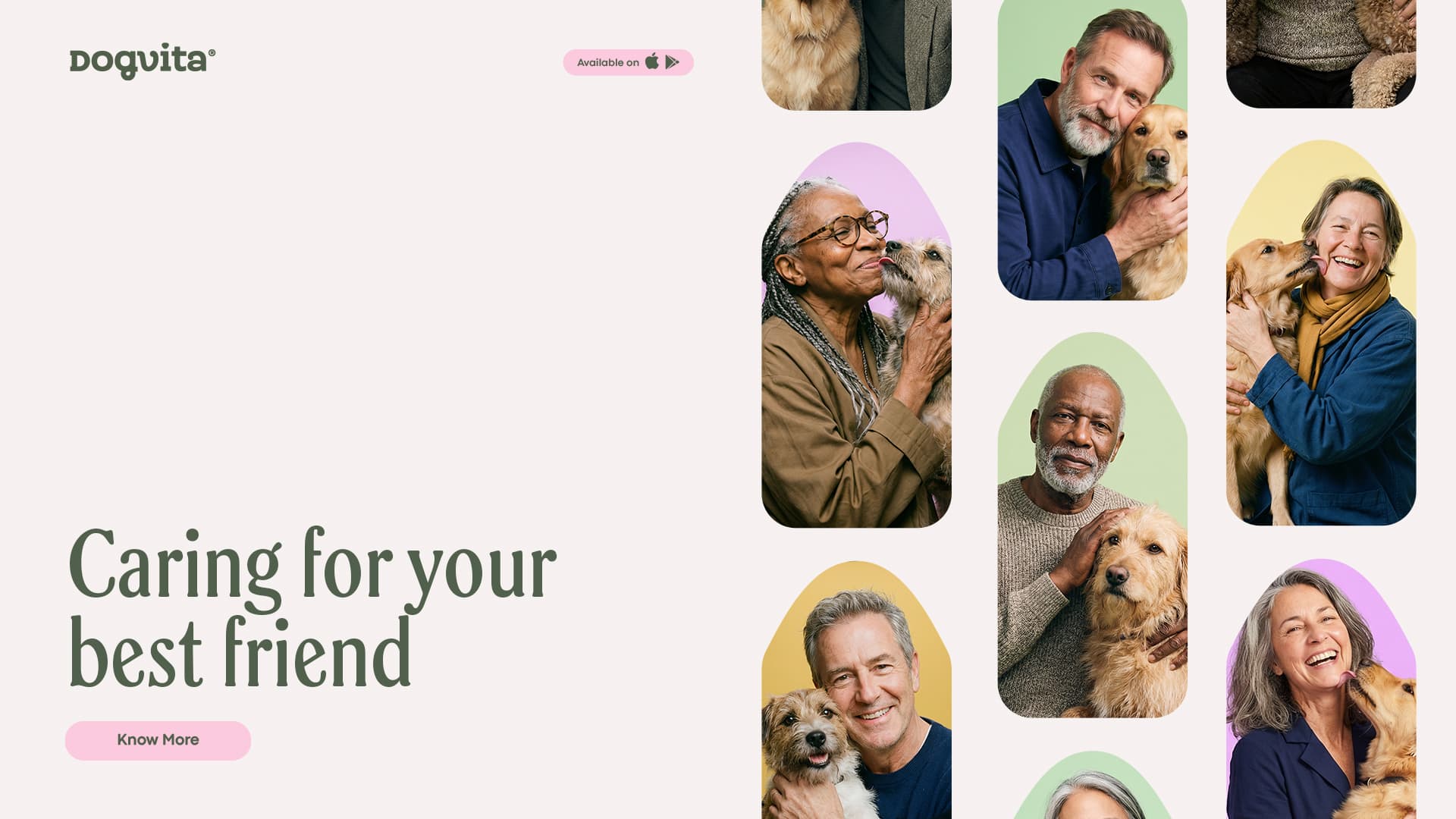 A mosaic of DogVita clients smiling with their dogs against soft pastel backdrops