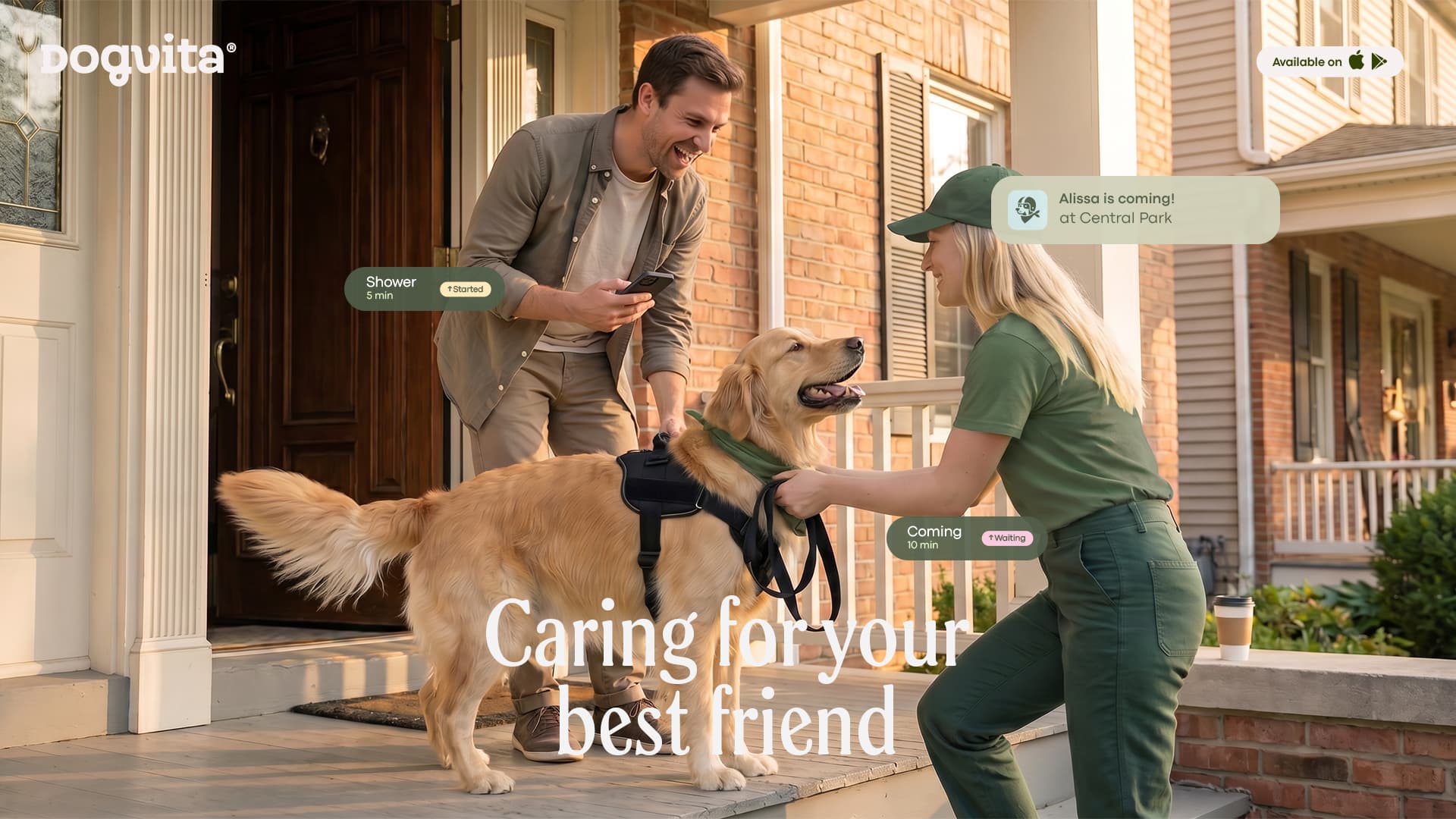 DogVita walker greeting a golden retriever at the front doorstep, with floating in-app status notifications
