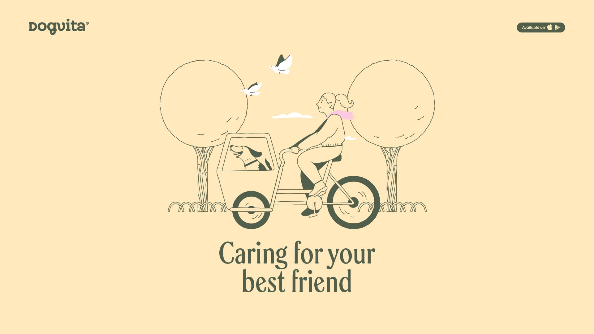 Illustrated DogVita banner: a walker cycling with a dog in a cargo bike under a Caring for your best friend headline