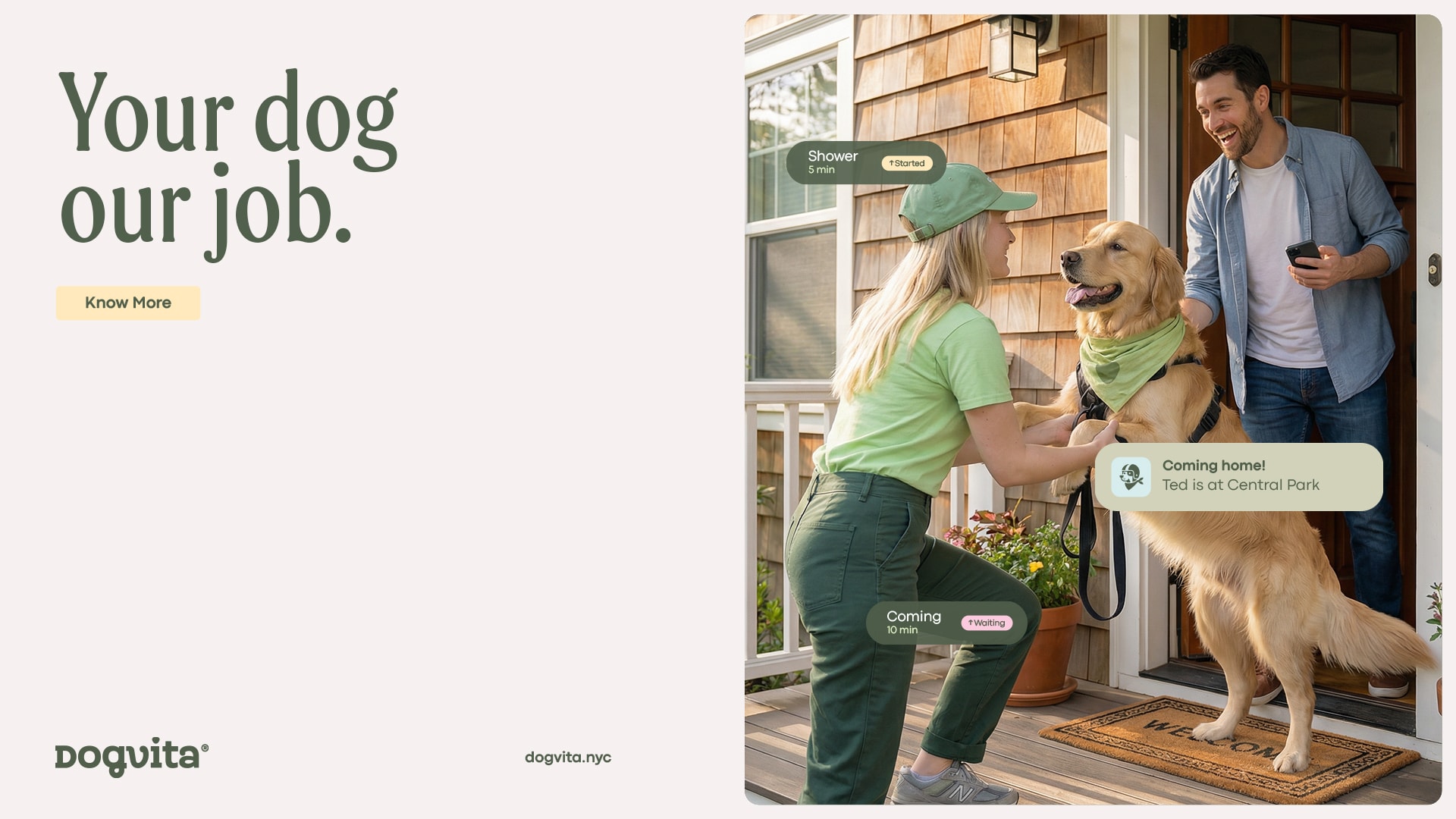 DogVita poster of a walker returning a happy dog to its owner on a sunny porch beneath the tagline Your dog, our job