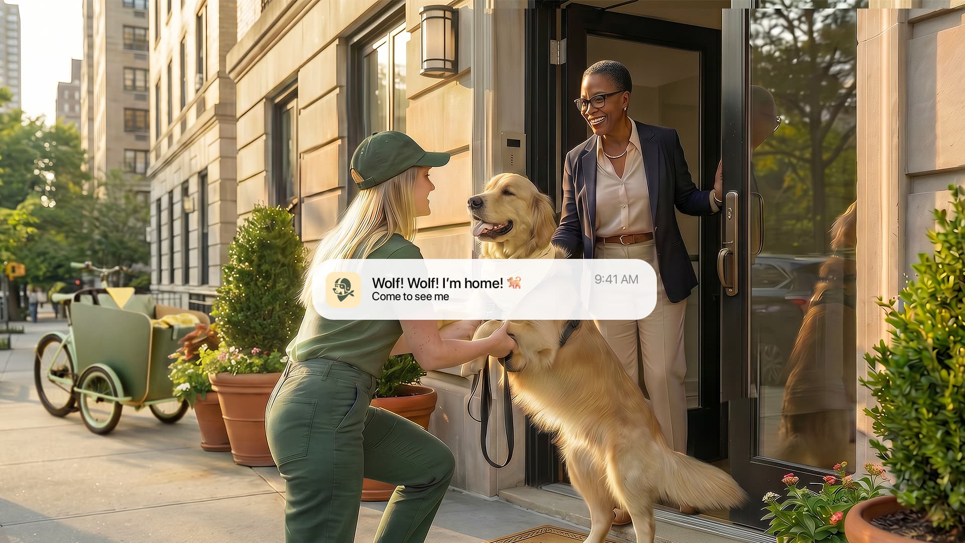 DogVita walker greeting a smiling resident and golden retriever on a NYC brownstone stoop