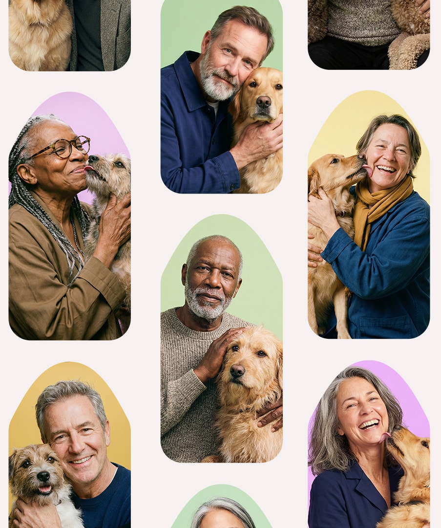 A mosaic of DogVita clients smiling with their dogs against soft pastel backdrops