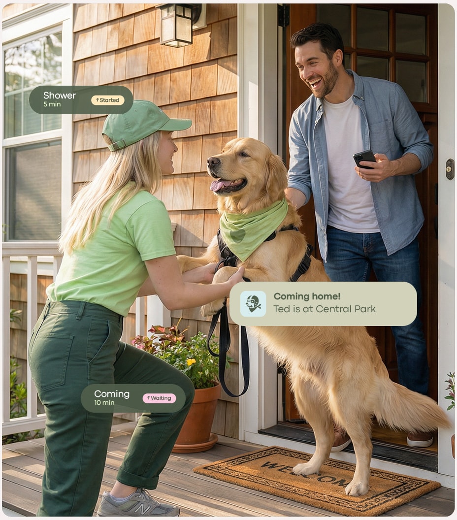 A DogVita walker smiling as they hand a happy dog back to their owner at the apartment doorstep