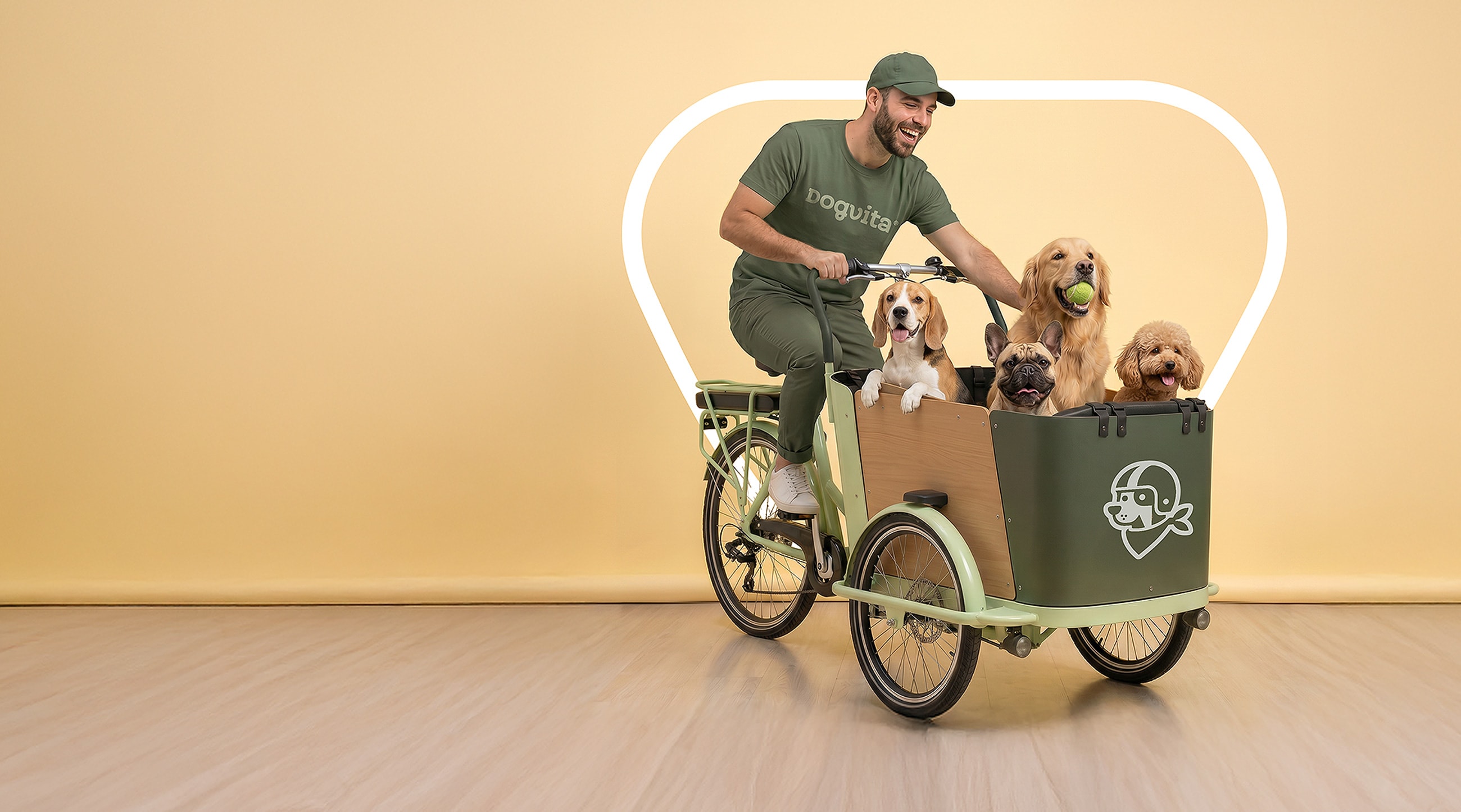 A DogVita walker riding a sage cargo bike with four happy dogs aboard through NYC